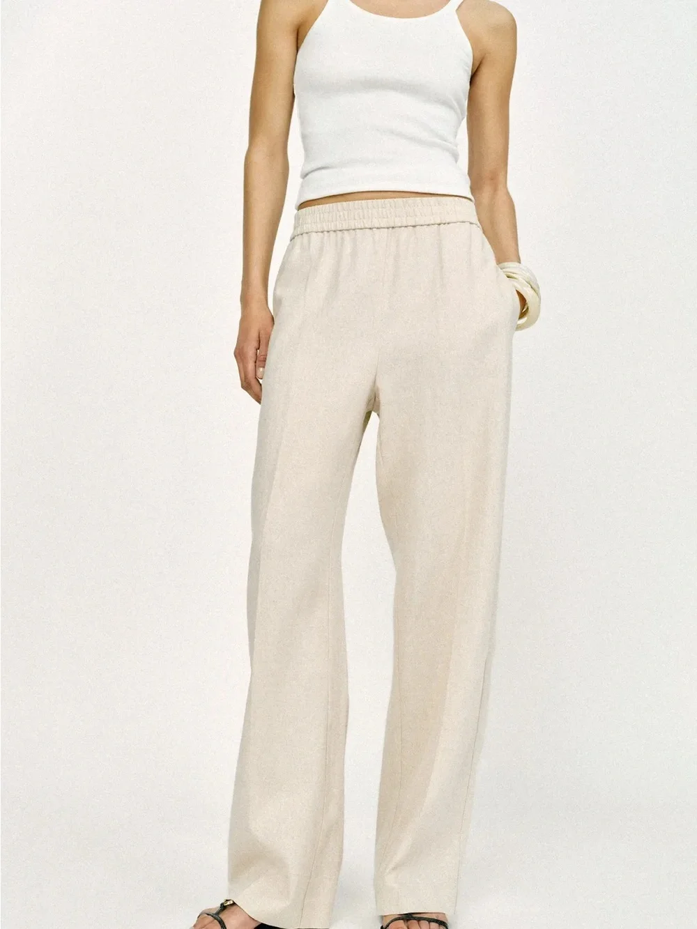 Zara Cream Wide-Leg Pull-On Pants